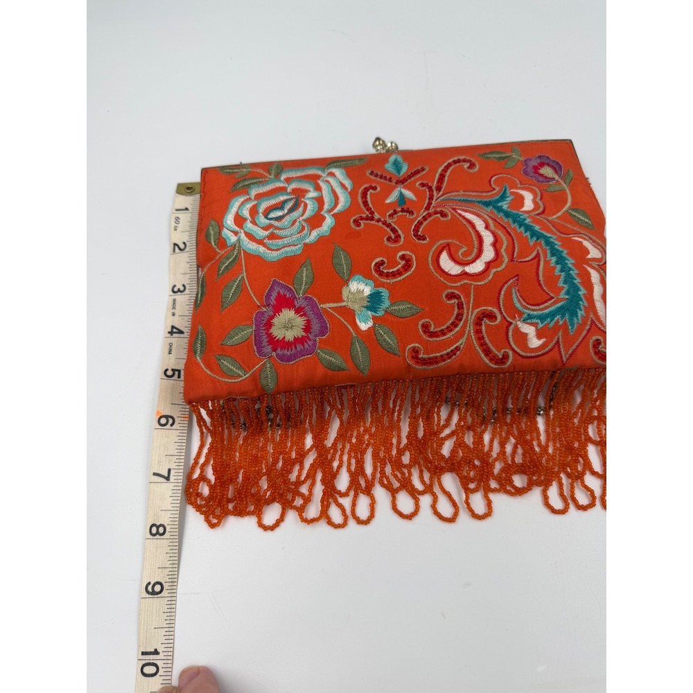 Moyna Orange Embroidered Silk Floral Clutch Beaded Fringe Evening Bag w/ Chain - Picture 6 of 8